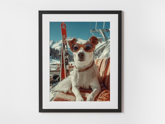 Chic Dog in Sunglasses at a Snowy Ski Resort Funny Winter Poster