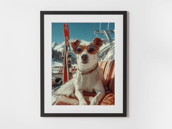 Stylish Dog Ski Wall Art Retro Aprs Pup In Sunglasses Fun Winter Chalet Decor Home Luxury Poster