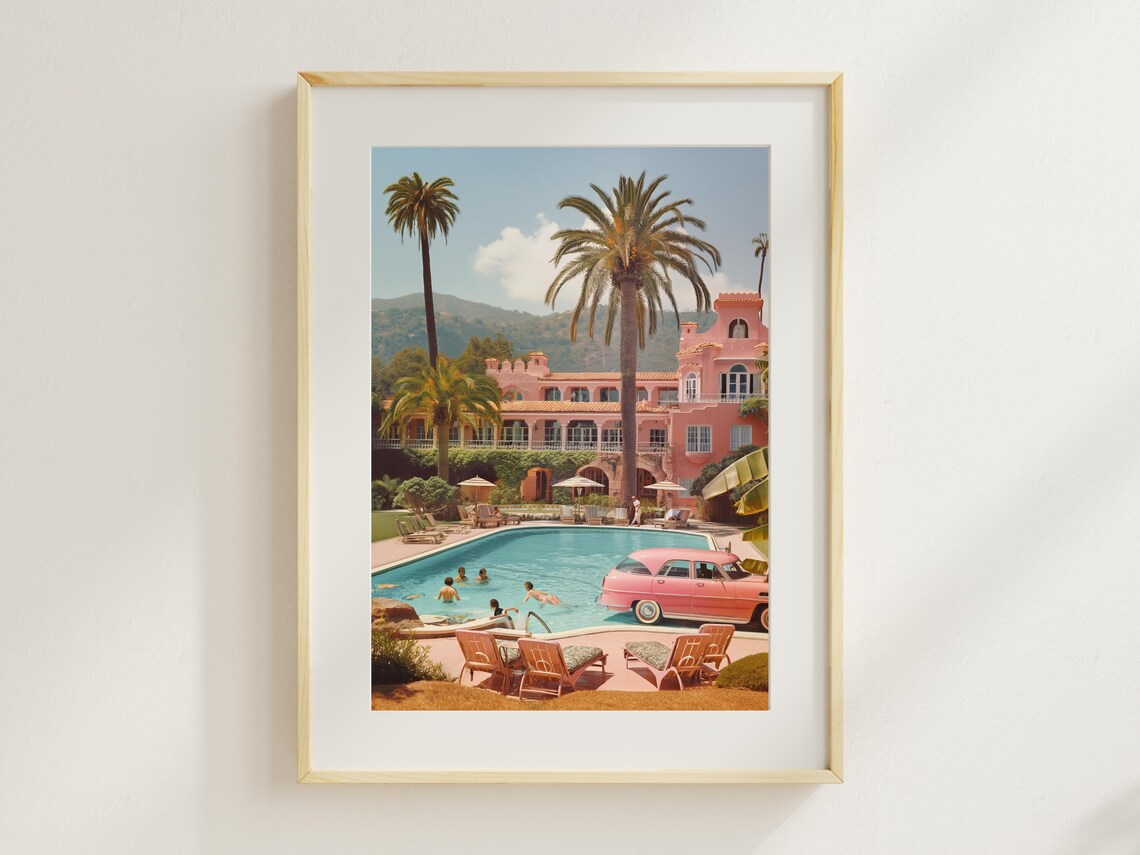 Pink Hotel Pool Midcentury Resort Vintage Car Summer Vacation Poster