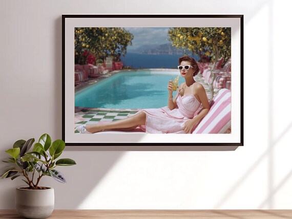 Retro Glam Woman Relaxing Poolside Pink Stripes Vintage Print