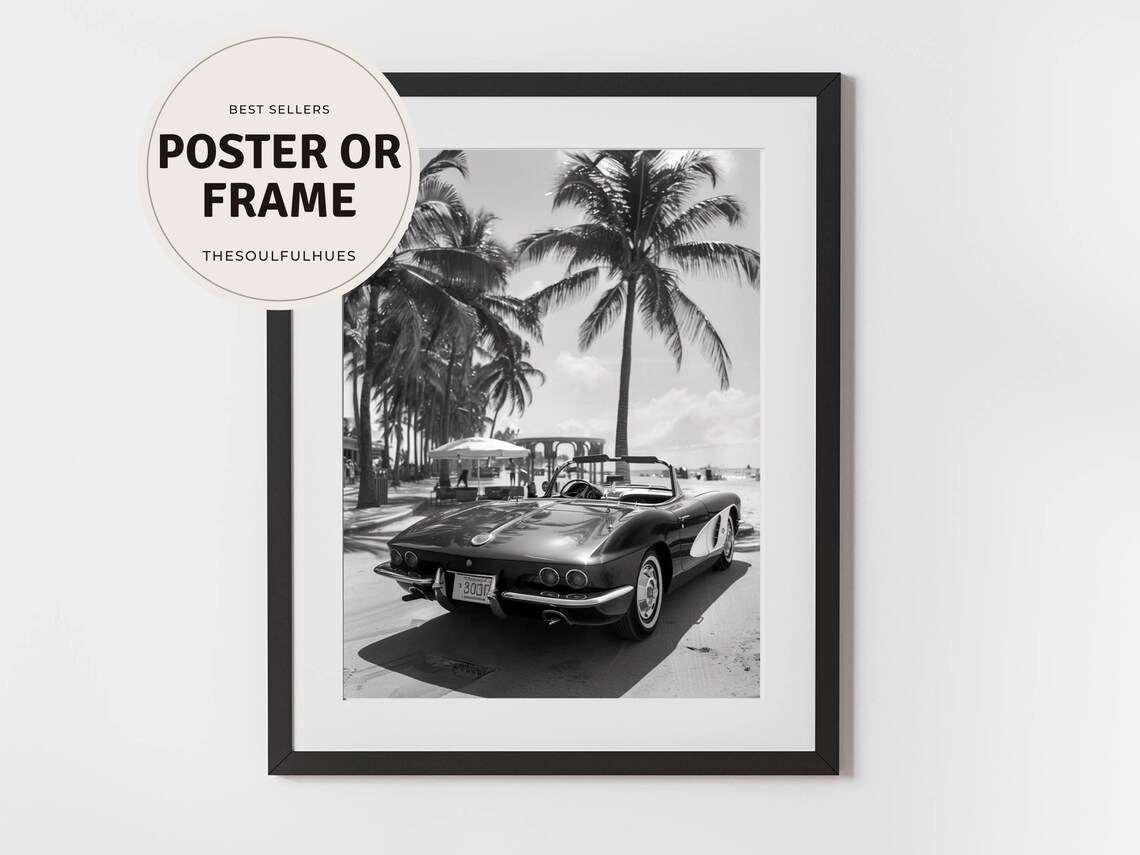 Classic Corvette Convertible Palm Trees Vintage Photo Poster