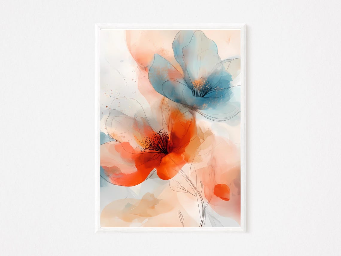 Orange and Blue Abstract Blooms Modern Watercolor Floral Poster