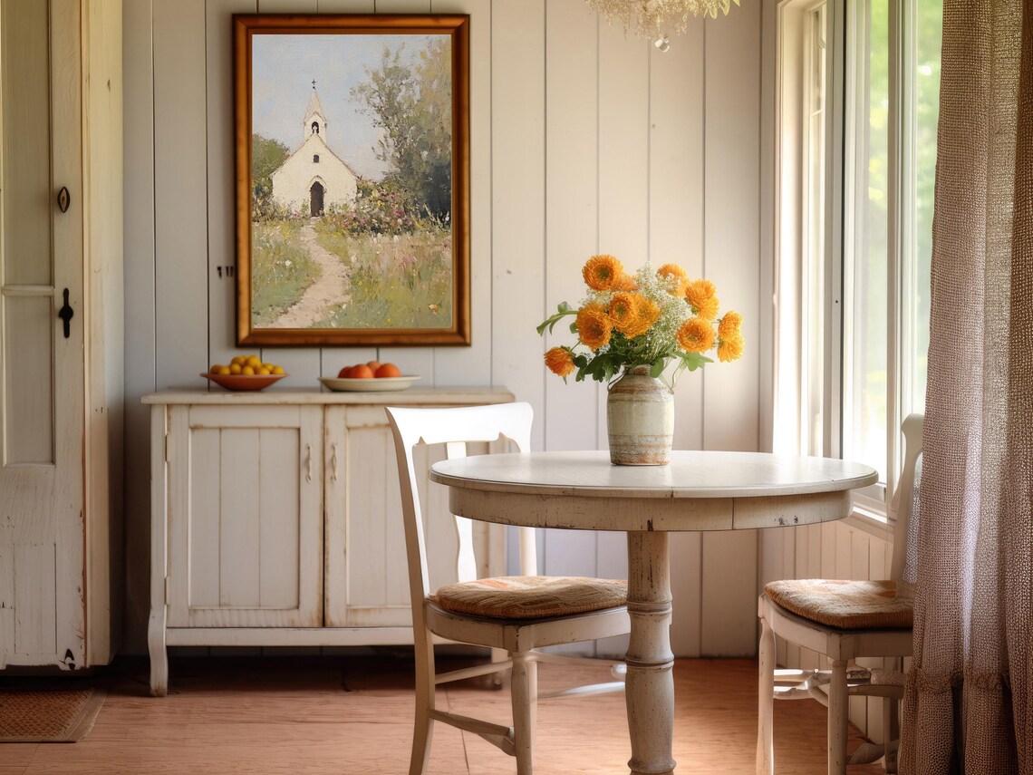 White Church in a Wildflower Garden Vintage Painting Art Poster