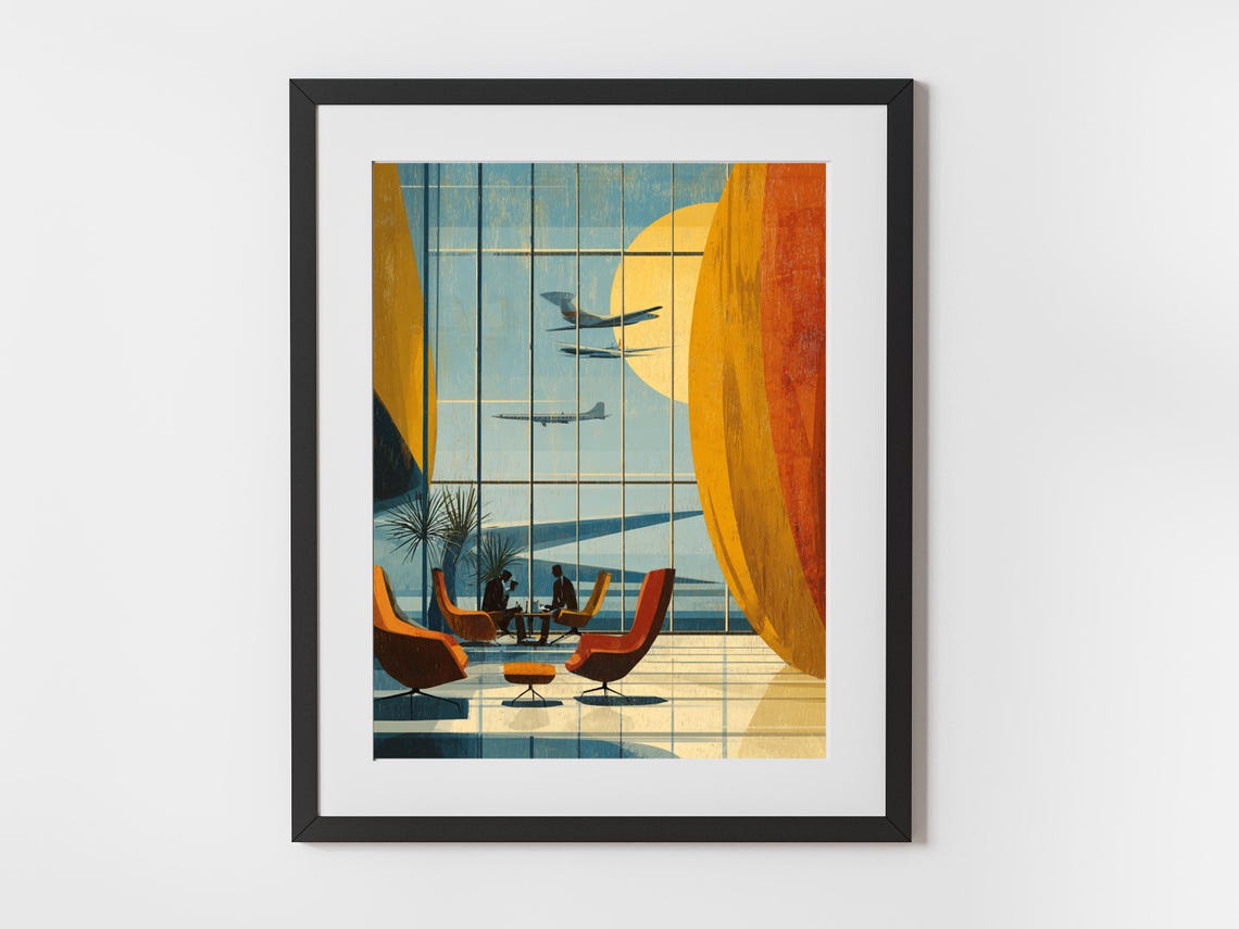 Midcentury Airport Lounge Sunset Window Retro Scene Art Print