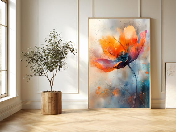 Whimsical Floral Watercolor Wall Art Orange Blue Abstract Print Spiritual Natureinspired Decor