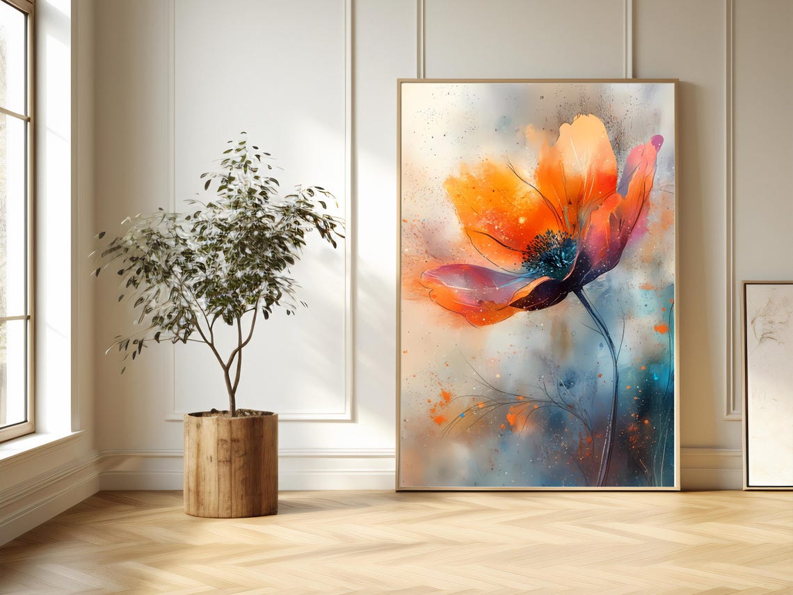 Whimsical Floral Watercolor Wall Art Orange Blue Abstract Print Spiritual Natureinspired Decor