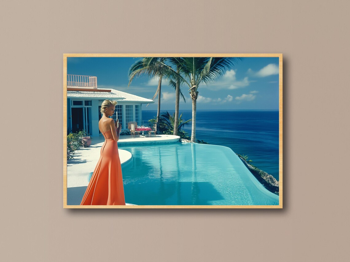 Oceanfront Infinity Pool Glamour Slim Aarons Inspired Tropical Art Print
