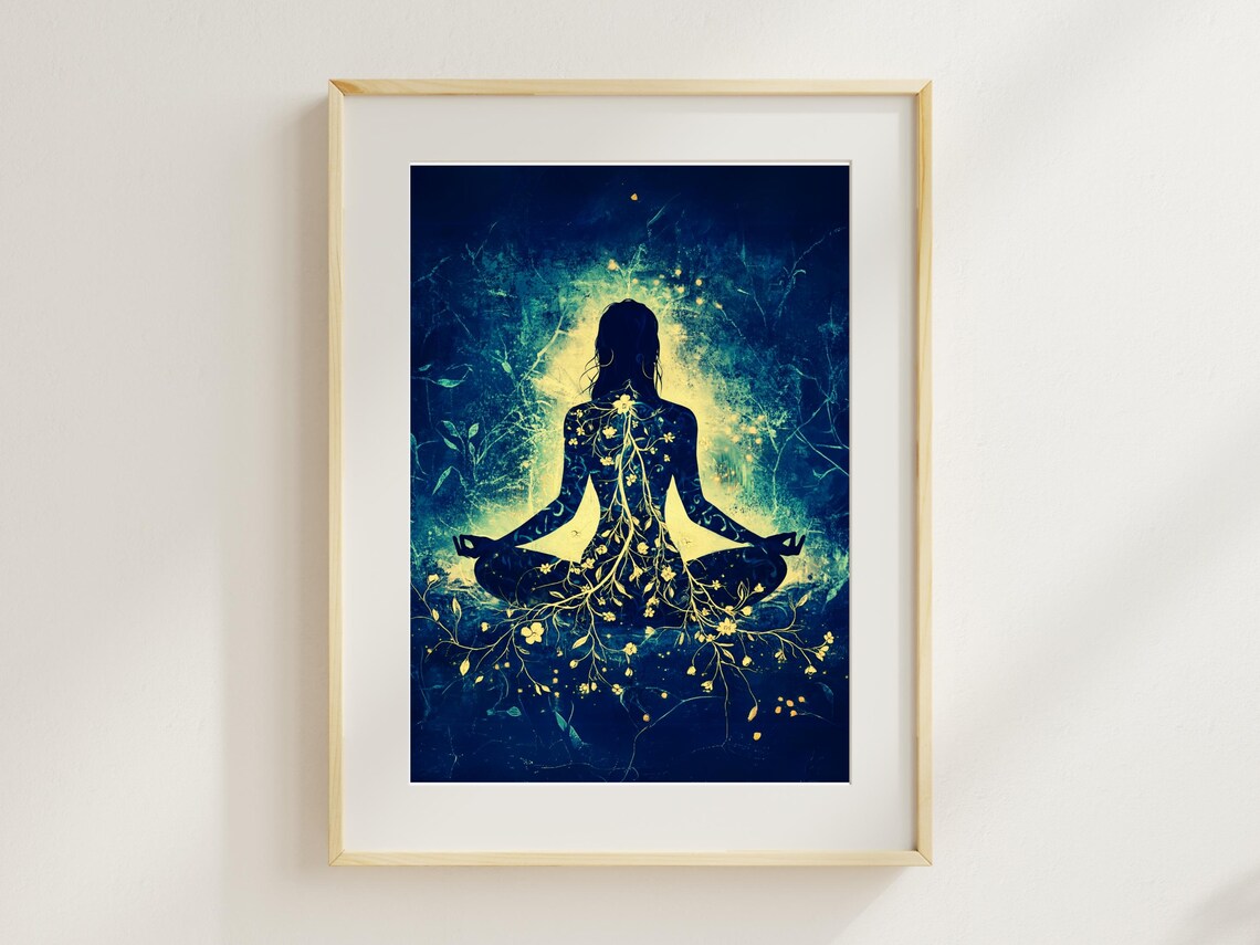 Cosmic Meditation Woman Golden Botanical Spiritual Night Wall Art