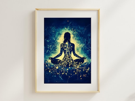 Cosmic Meditation Woman Golden Botanical Spiritual Night Wall Art