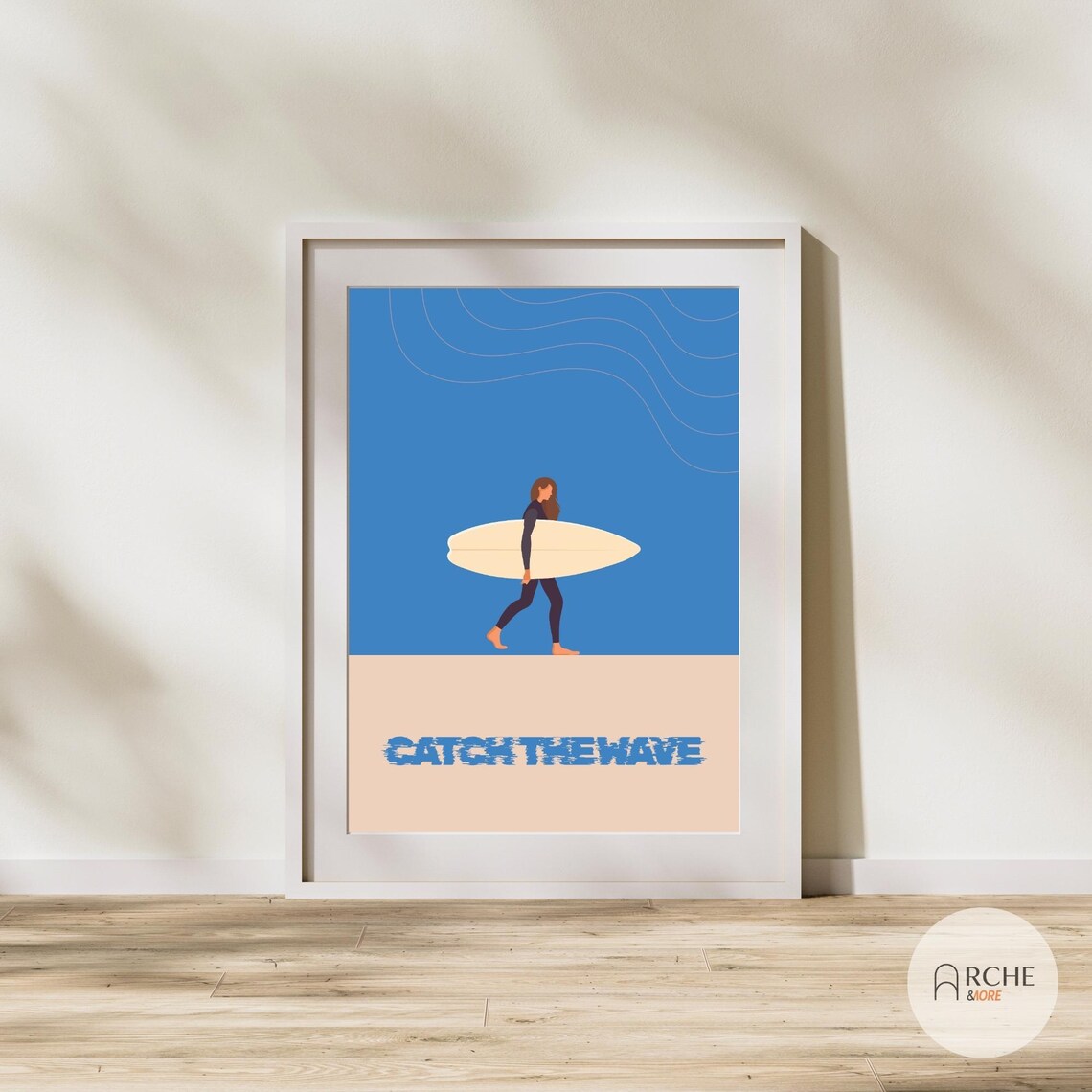 Catch the Wave Surfer Girl Blue Minimalist Coastal Art Poster