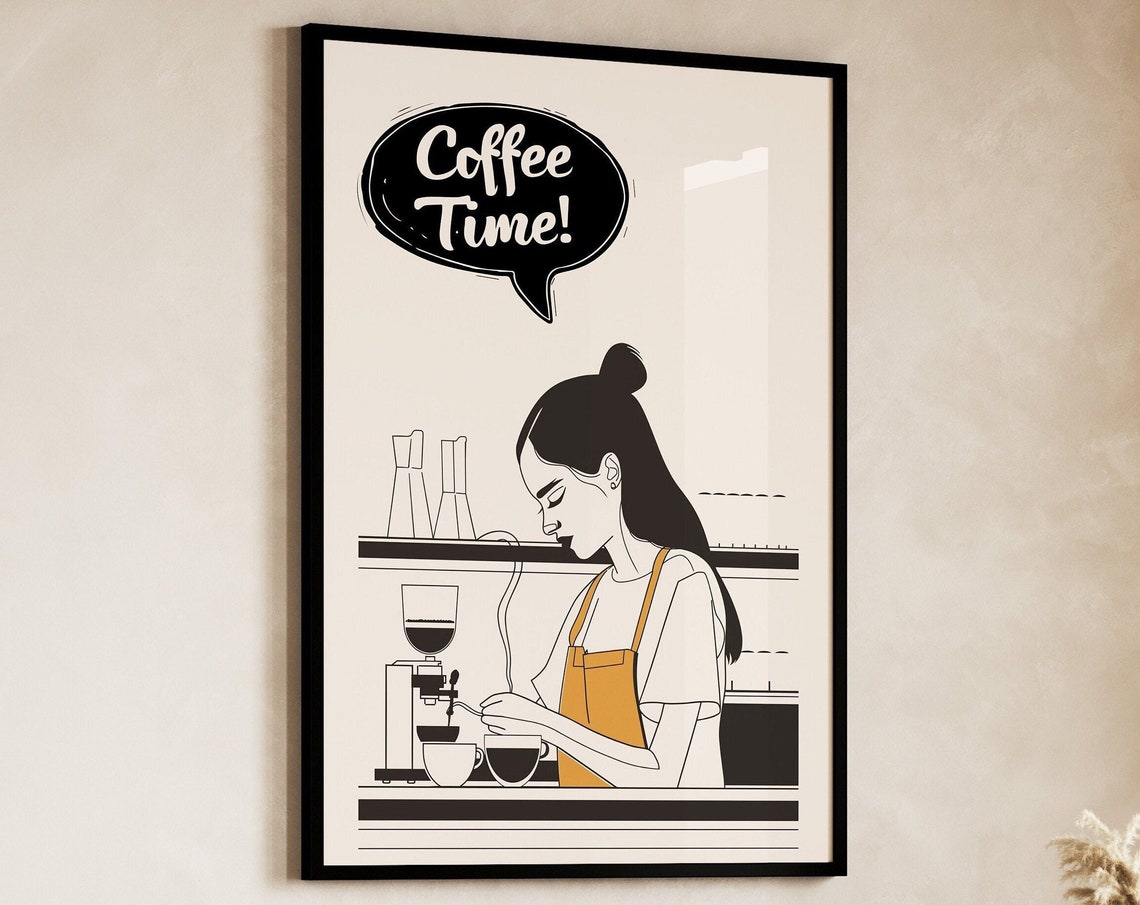 Coffee Time Female Barista Brewing Espresso Minimalist Line Art Poster