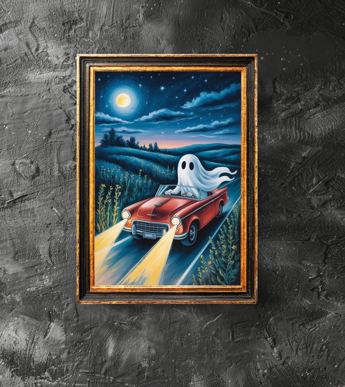 Ghost Driving Red Vintage Convertible Under Full Moon Poster
