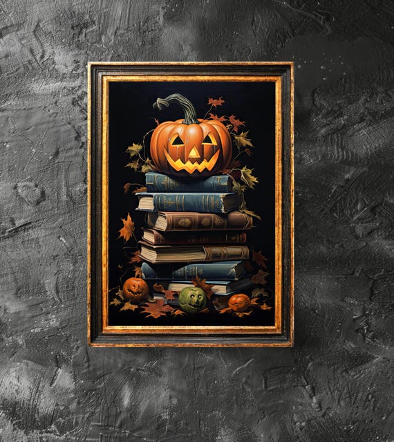 Jack O Lantern On A Stack Of Book Dark Academia Pumpkin Lover Gift Art Halloween Decor