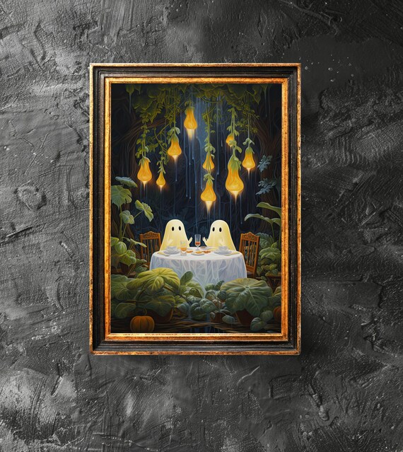 Ghosts Having Dinner Poster Spooky Cute Forest Wall Art On A Date Halloween Vintage Print