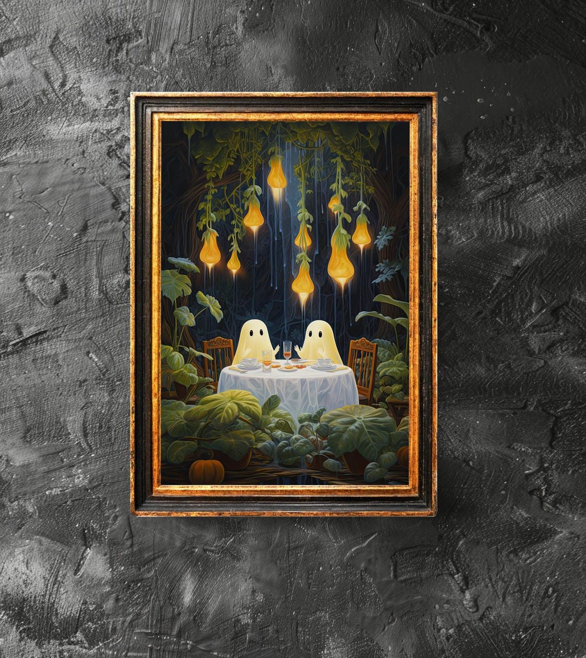 Cute Ghosts Having Dinner In Enchanted Forest Halloween Poster