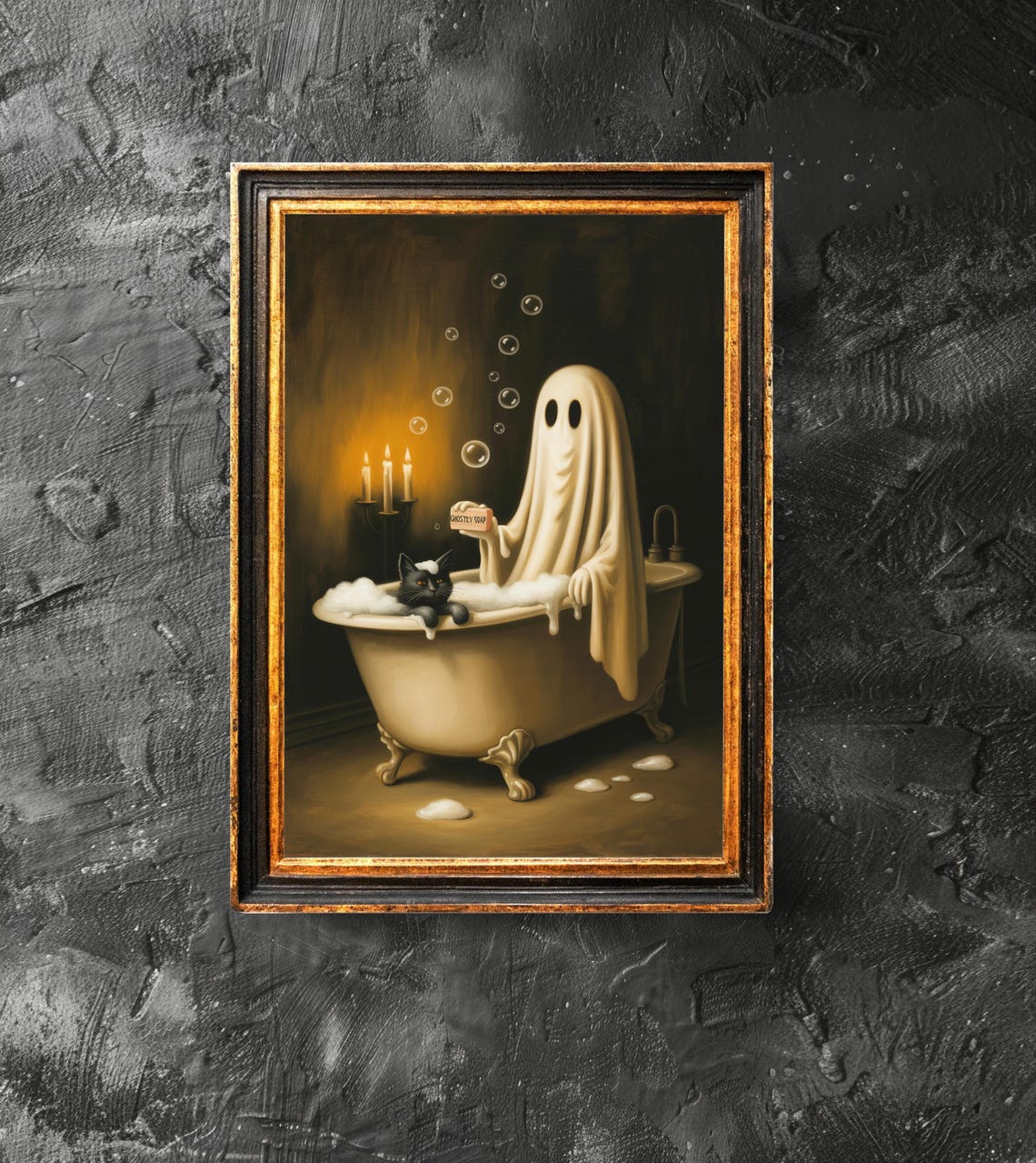 Cat In Bathtub Poster Spooky Bubblebath Art Retro Halloween Print Bathroom Decor