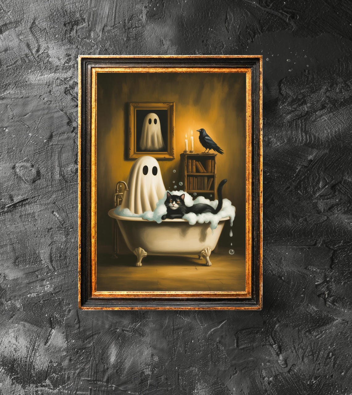 Cat In Bathtub Poster Spooky Bubblebath Art Retro Halloween Print Bathroom Decor