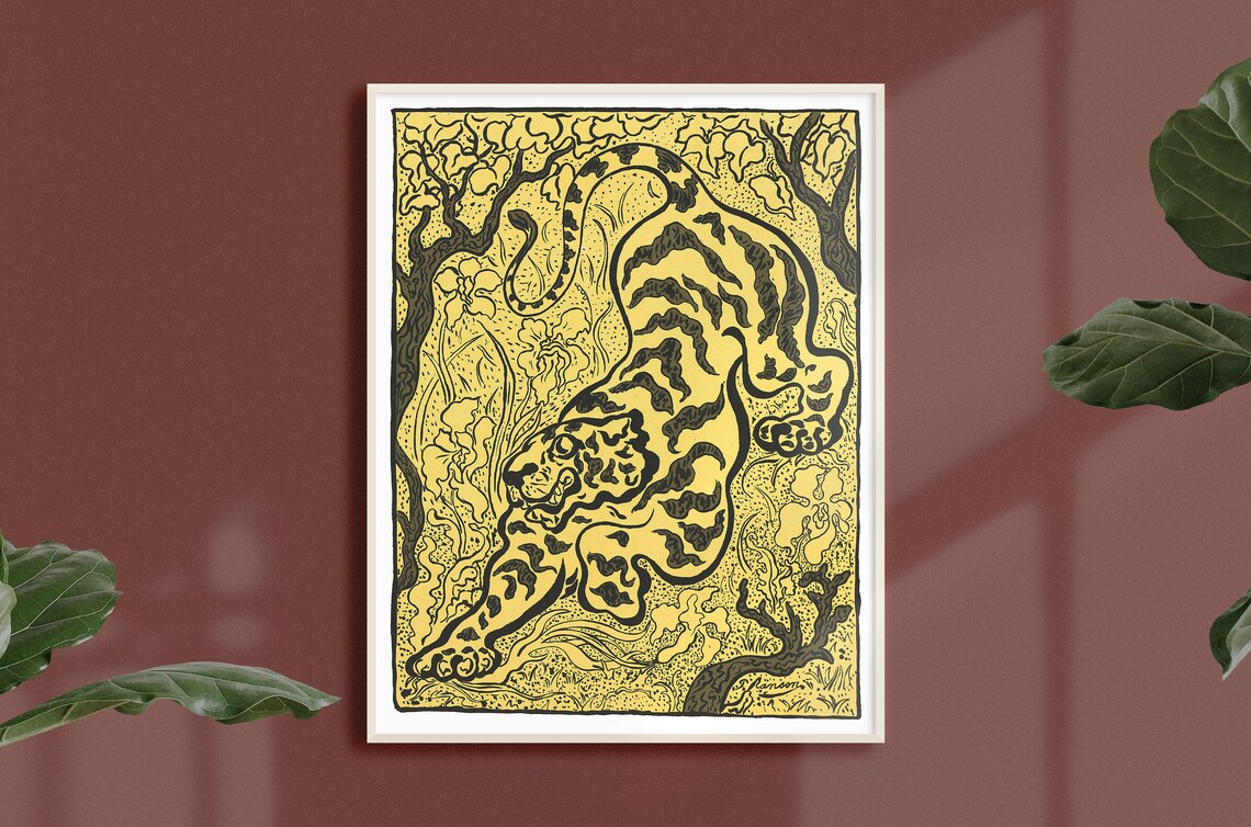 Golden Tiger Prowling Through Black Woodcut Jungle Art Nouveau Poster
