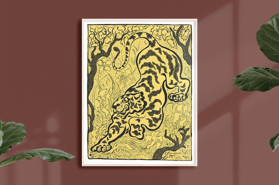 Golden Tiger Prowling Through Black Woodcut Jungle Art Nouveau Poster