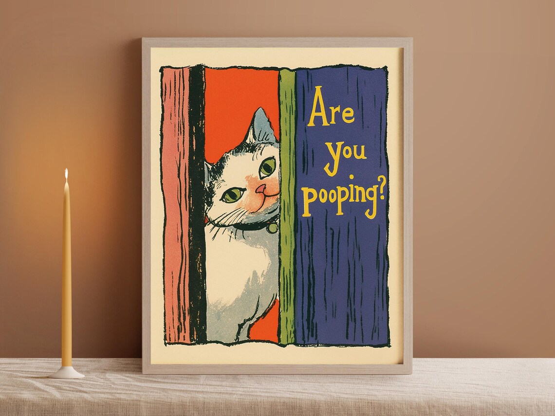 Retro Cat Bathroom Art Print, Funny Whimsical Decor - Image 2