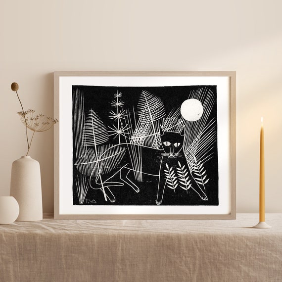 Vintage Moon Cat Woodblock Folk Art Poster Print