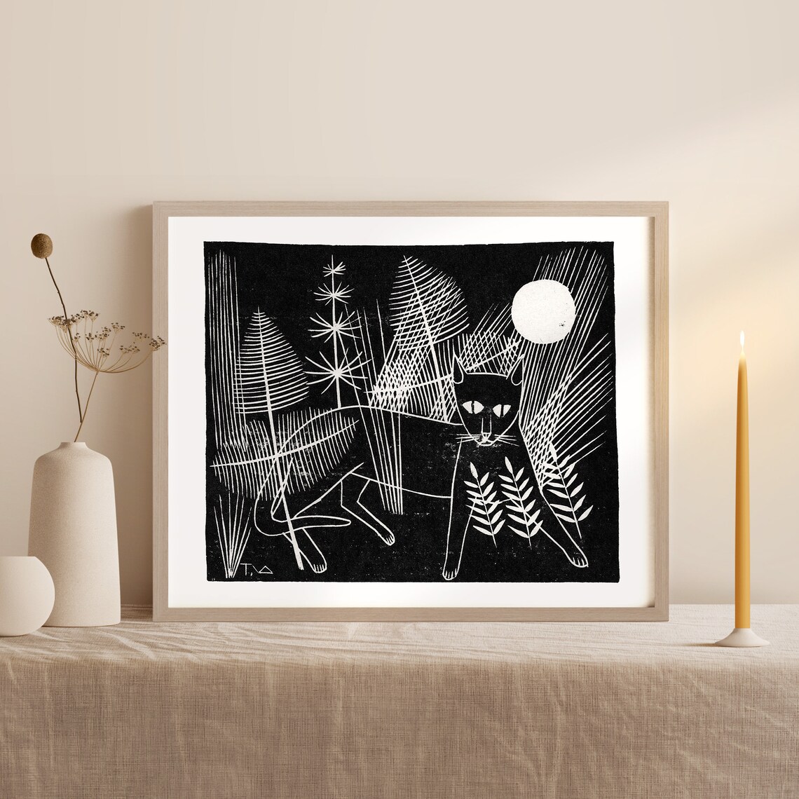 Vintage Moon Cat Woodblock Folk Art Poster Print