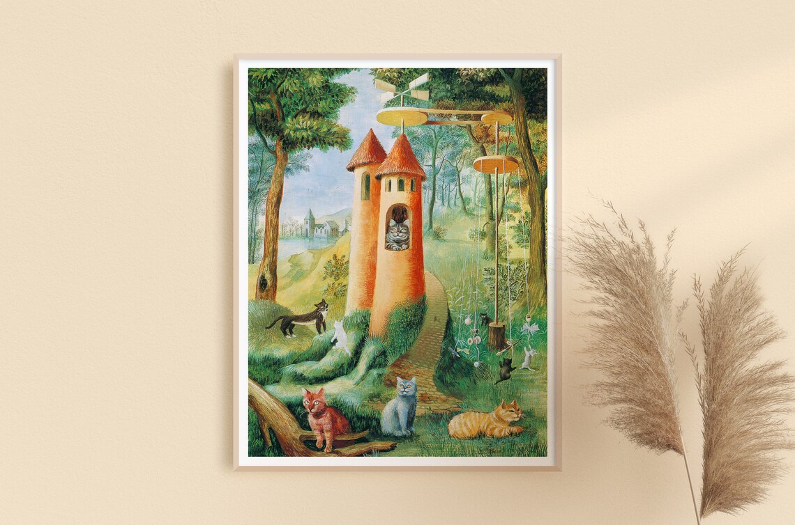 Vintage Cat Tower Poster, Whimsical Nursery Decor