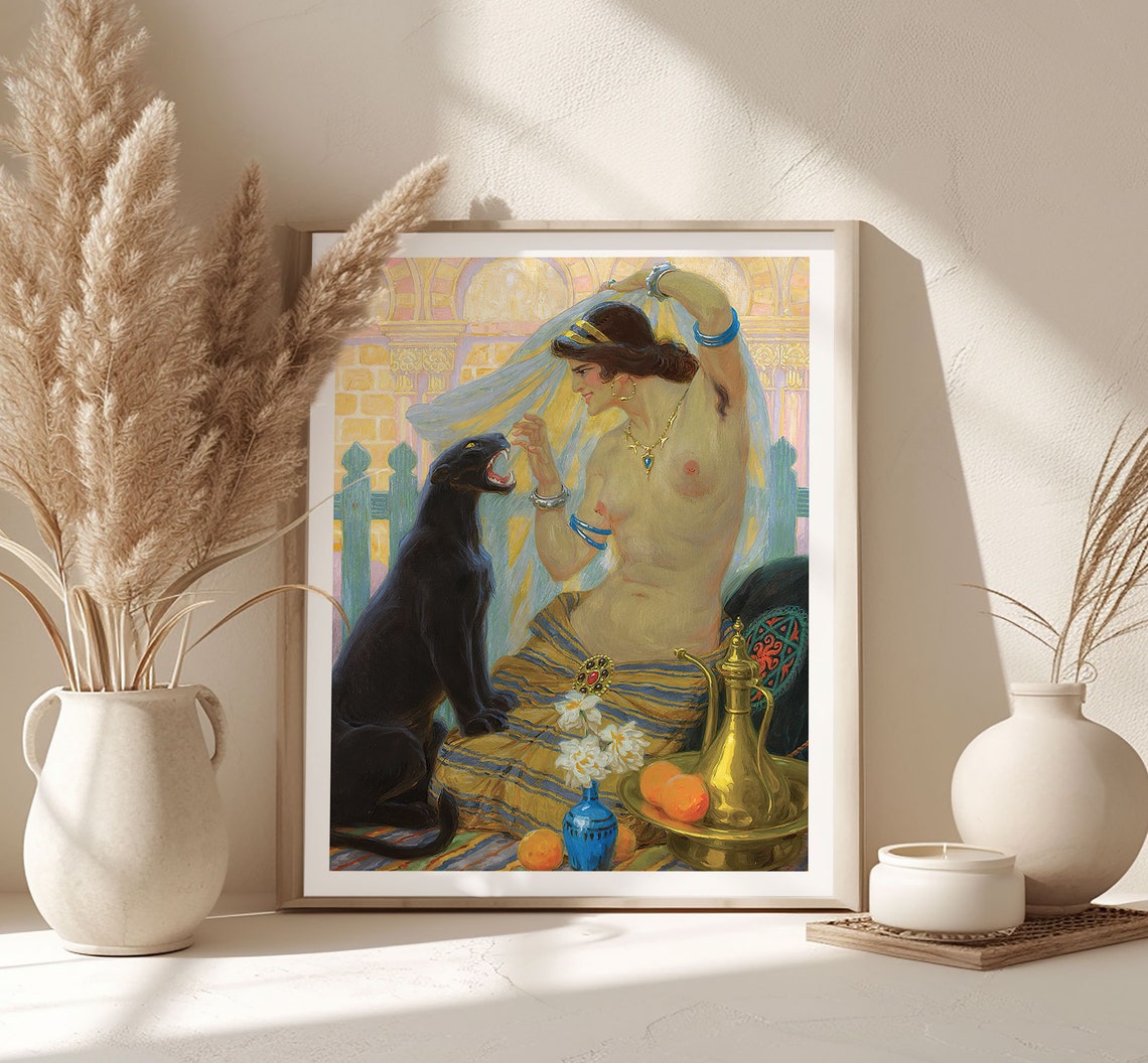 Oriental Woman Taming a Black Panther Vintage Art Nouveau Poster - Image 3
