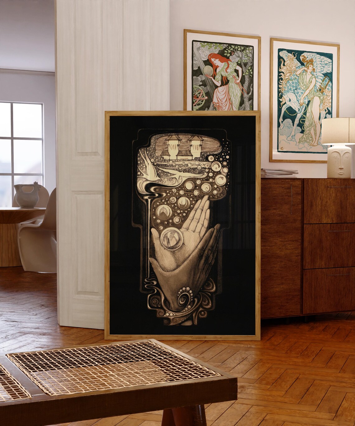 Praying Hands Holding Cosmic Orbs Surreal Art Nouveau Wall Poster