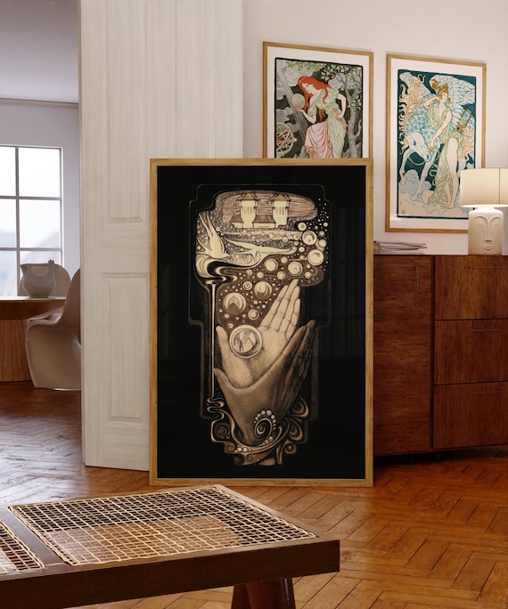 Praying Hands Holding Cosmic Orbs Surreal Art Nouveau Wall Poster