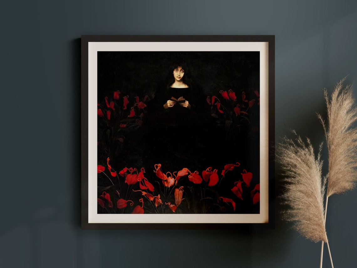 Woman With a Book Among Glowing Red Flowers Dark Gothic Poster