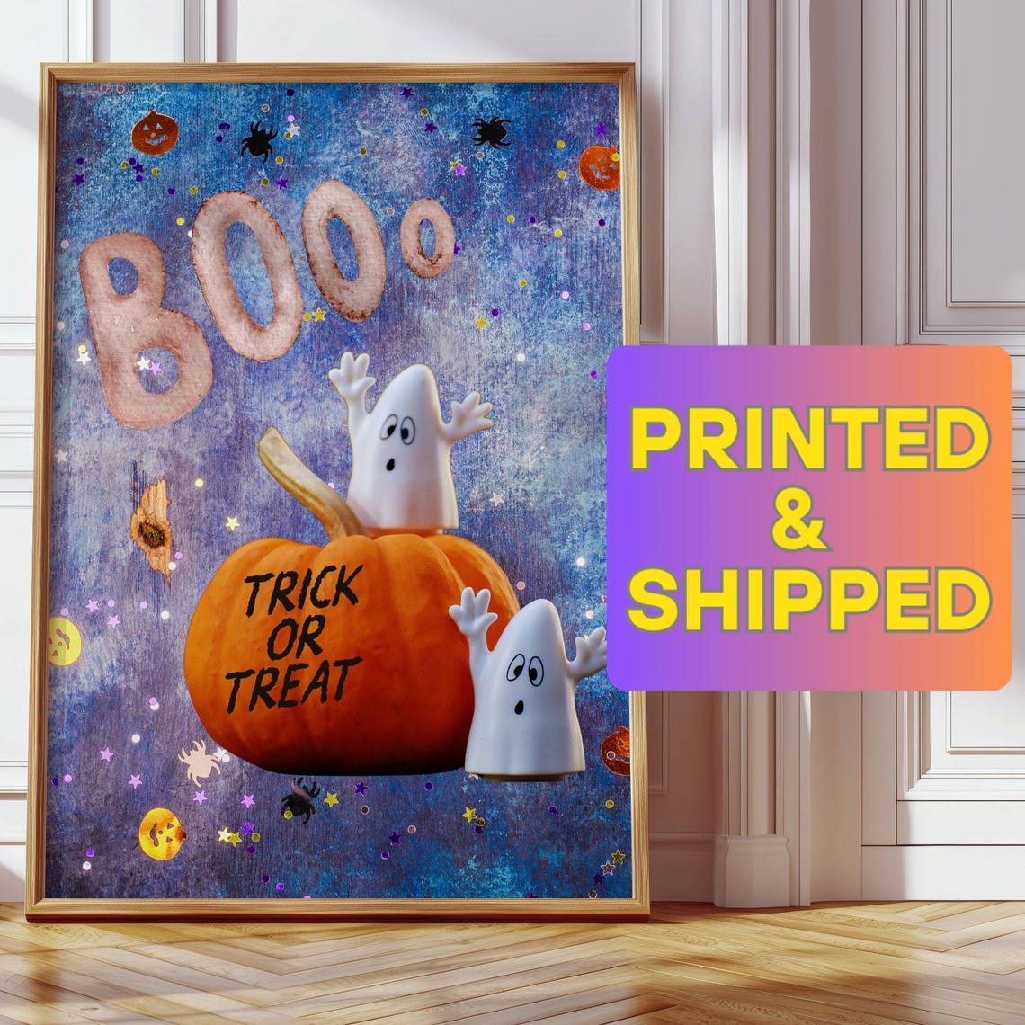Printed Cute Halloween Poster Boo Pumpkin Trick Or Treat Wall Art For Kids Party Decor