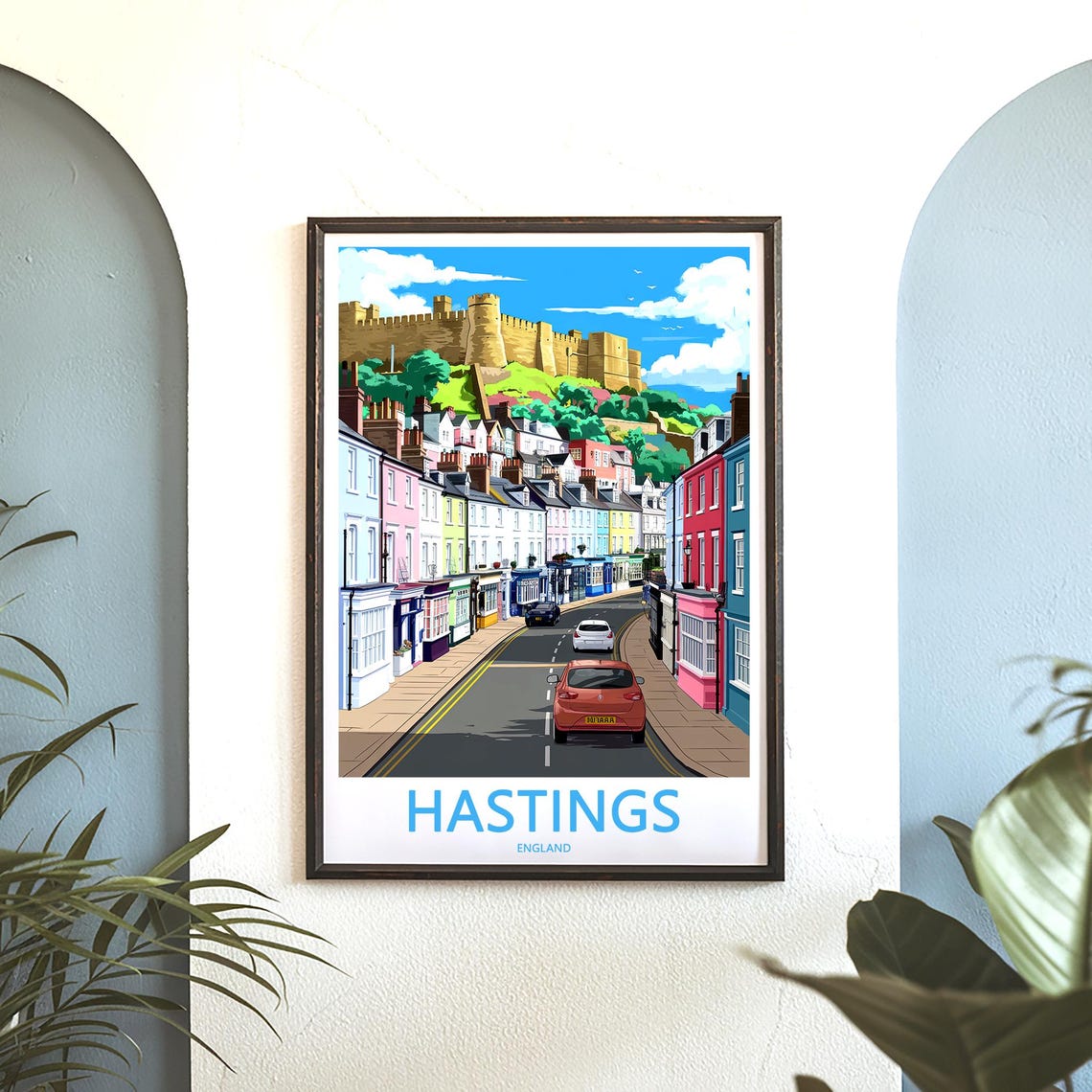 Hastings England Red Car Old Town Castle Hill Day Scene Poster - Image 3