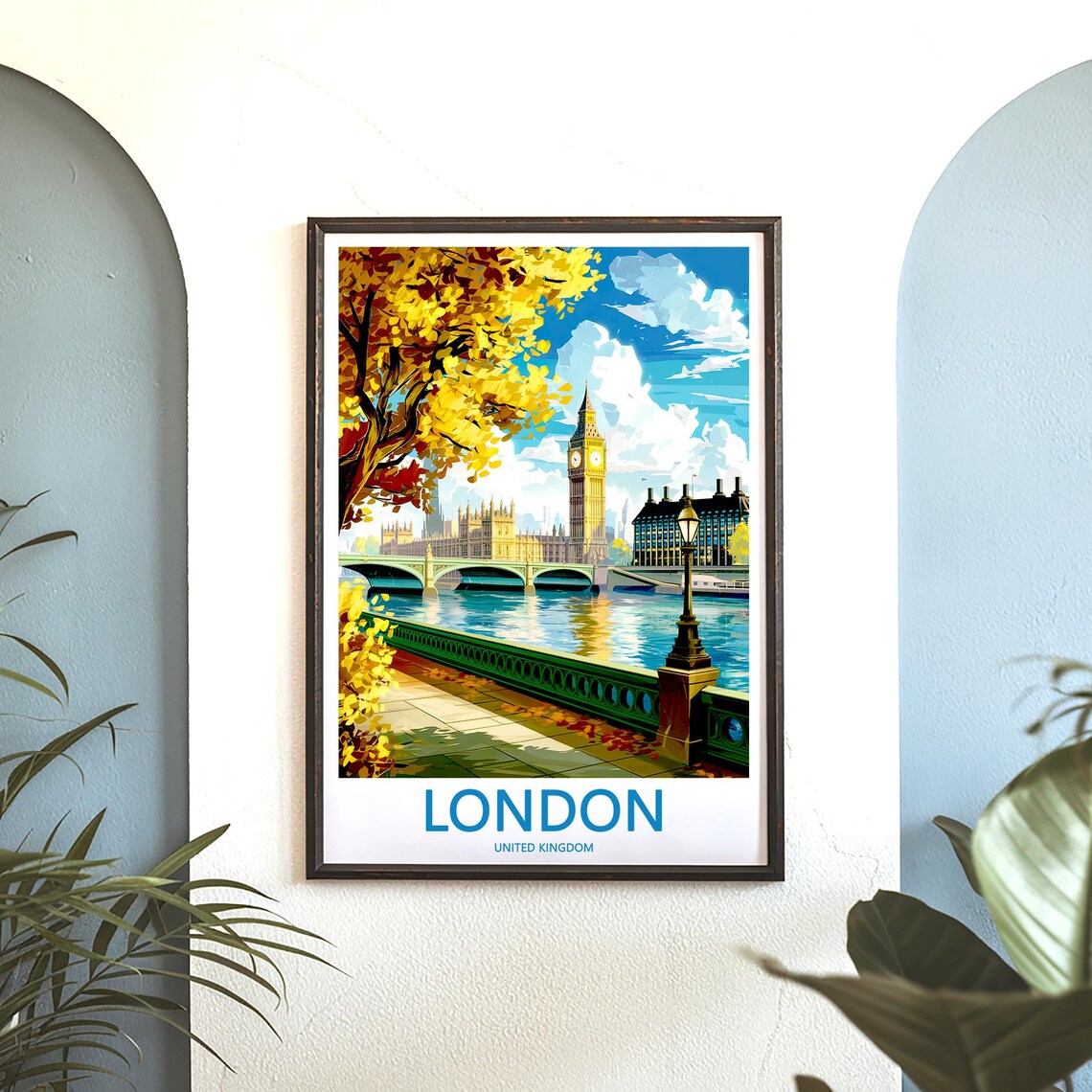 London Big Ben Golden Autumn Embankment Lamp Post Walk Poster - Image 3