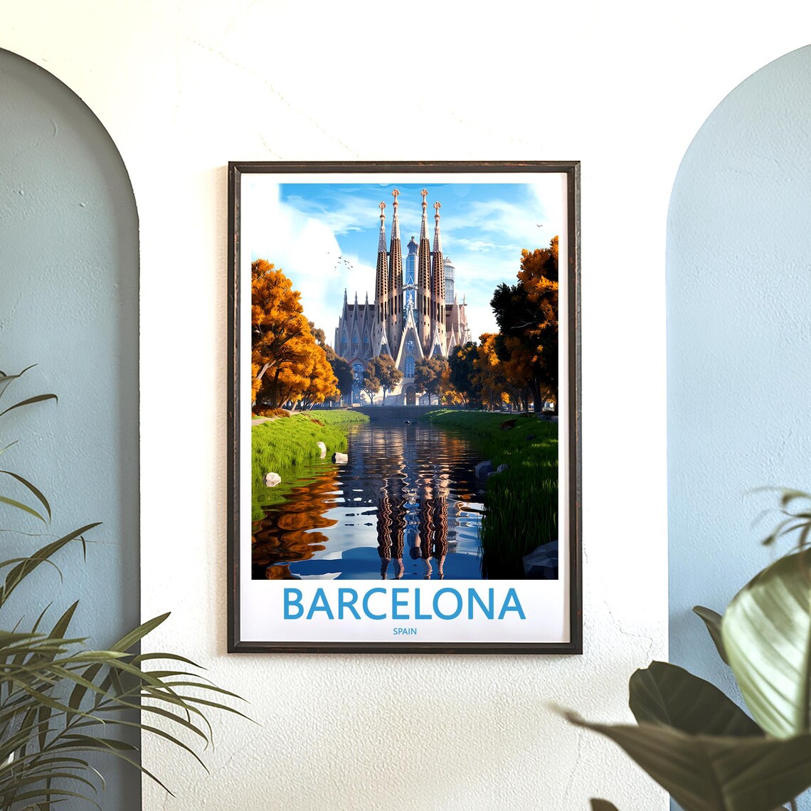 Barcelona Sagrada Família Anime River Reflection Golden Art Poster - Image 3
