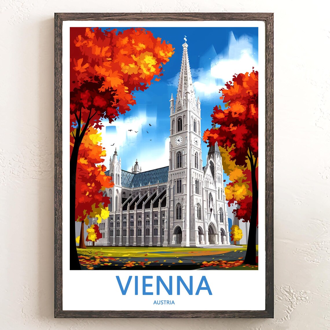 Vienna Austria White Gothic Church in Fiery Autumn Travel Poster