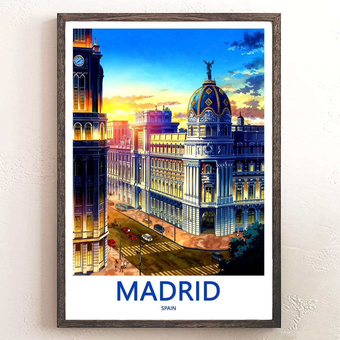 Madrid Metropolis Building Dome Glowing Sunset Night View Poster