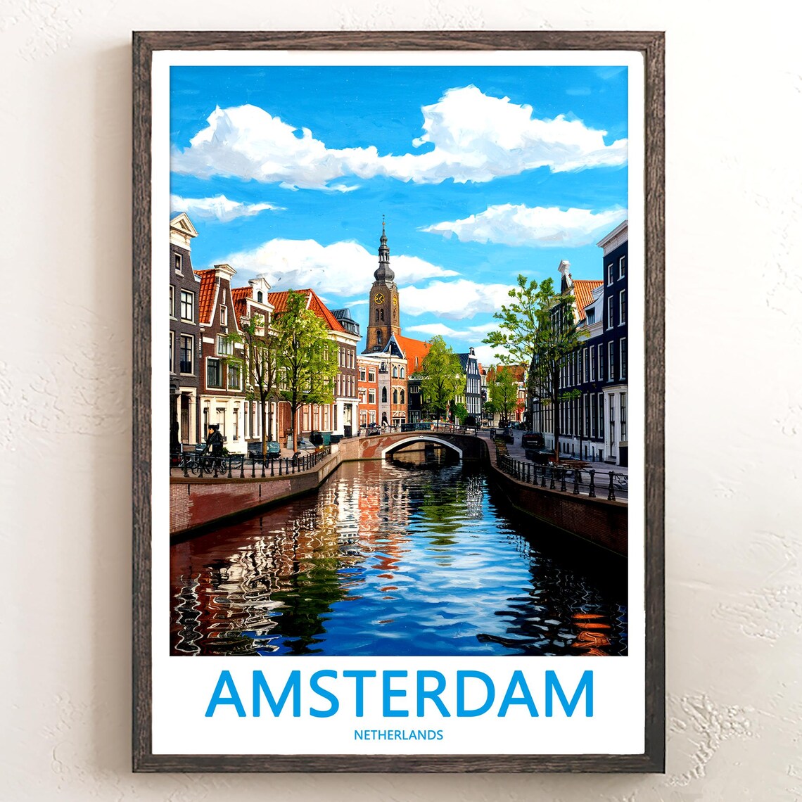 Amsterdam Canal Bridge and Church Tower Blue Sky Daytime Poster