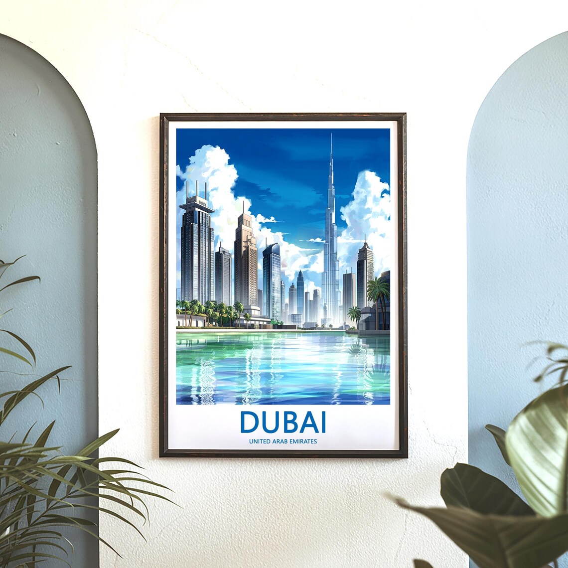 Dubai Burj Khalifa Billowy Clouds Over Green Lake Travel Poster - Image 3