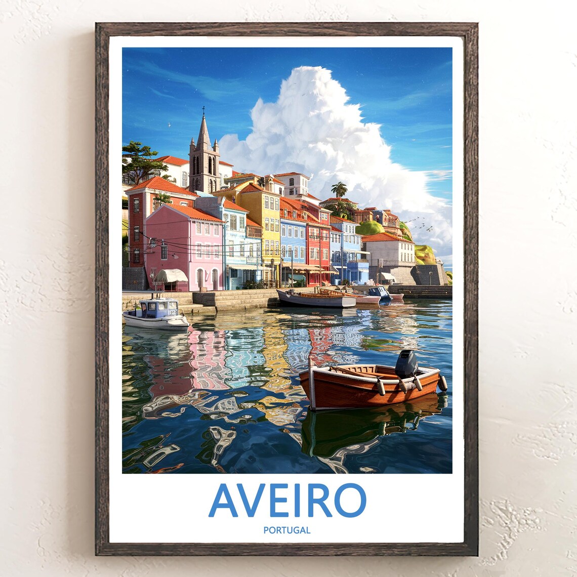 Aveiro Waterfront Boats and Colorful Buildings Travel Poster