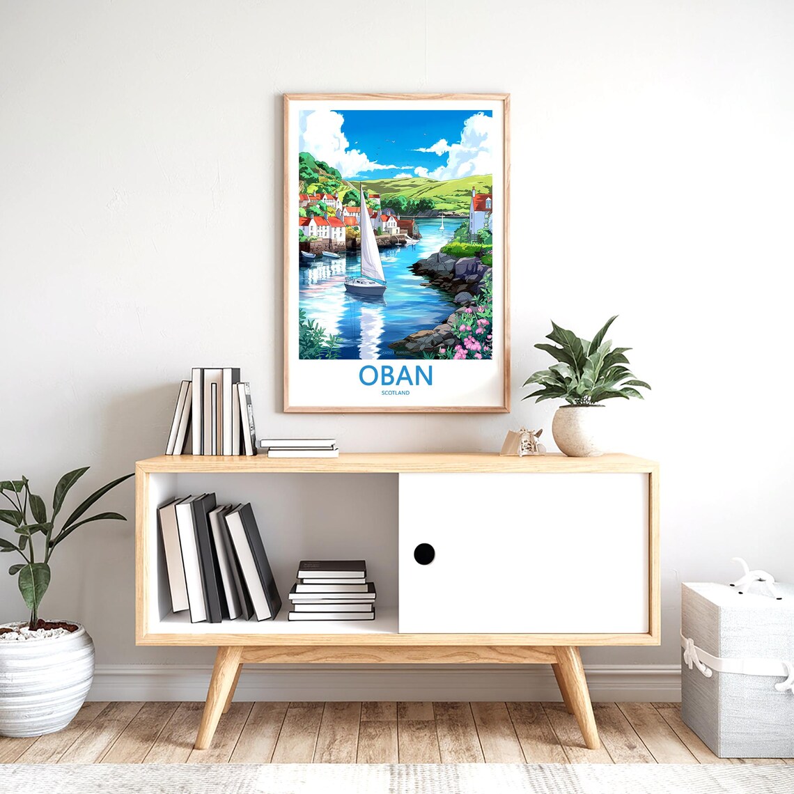 Oban Scotland Sailboat in Harbor Among Pastel Cottages Poster - Image 2