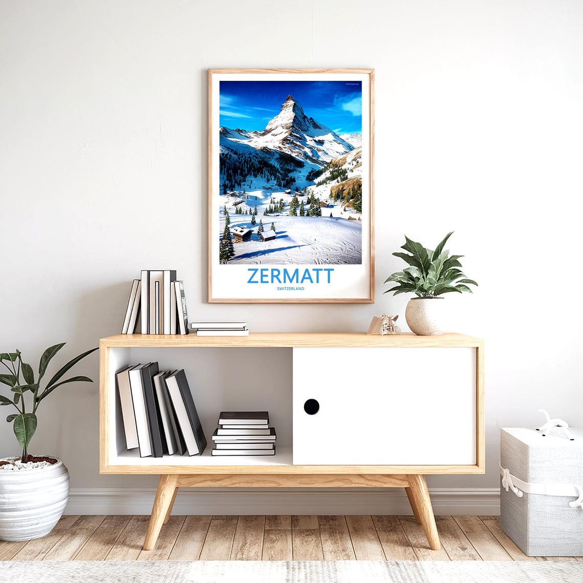 Zermatt Matterhorn Above Ski Trails and Rustic Mountain Cabins Poster - Image 2