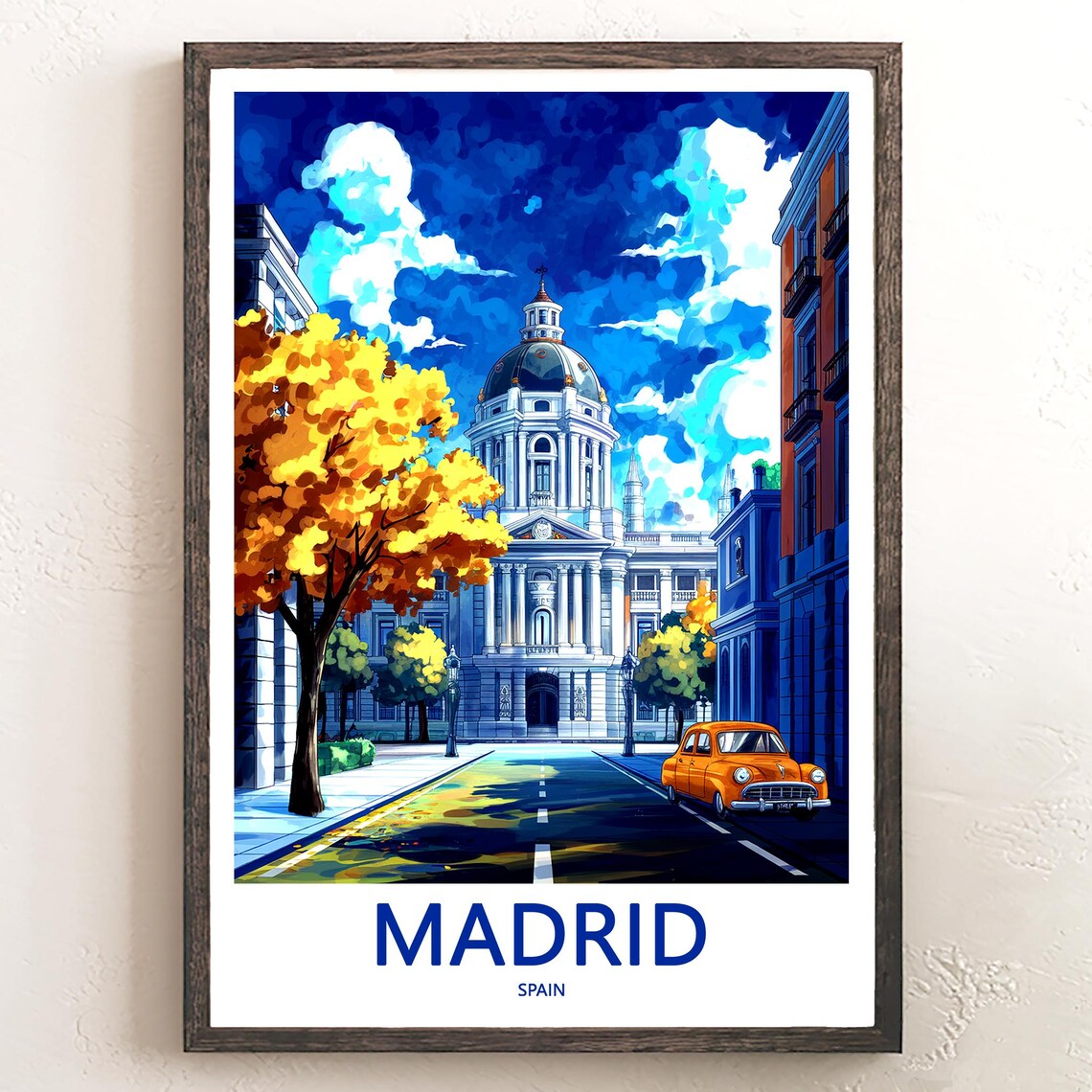 Madrid Palace Night Blue Sky Autumn Trees Orange Classic Car Poster