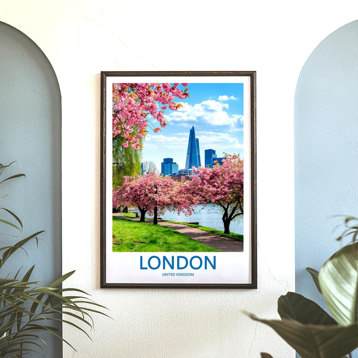 The Shard Over a Cherry Blossom Riverside Walk in Spring Poster - Image 3