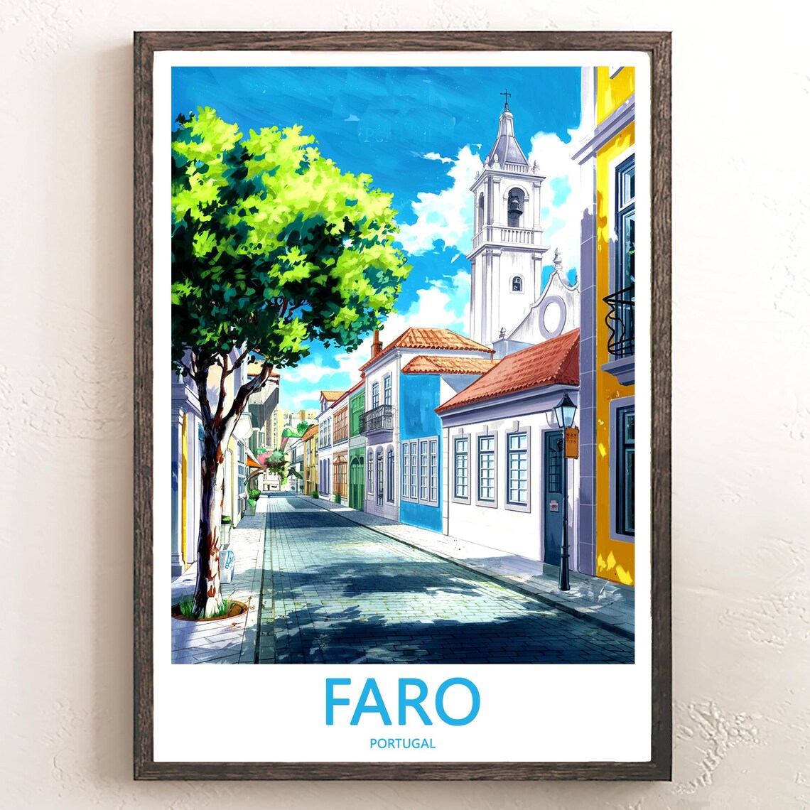 Faro Portugal Old Town Street with White Church Tower Sunny Poster
