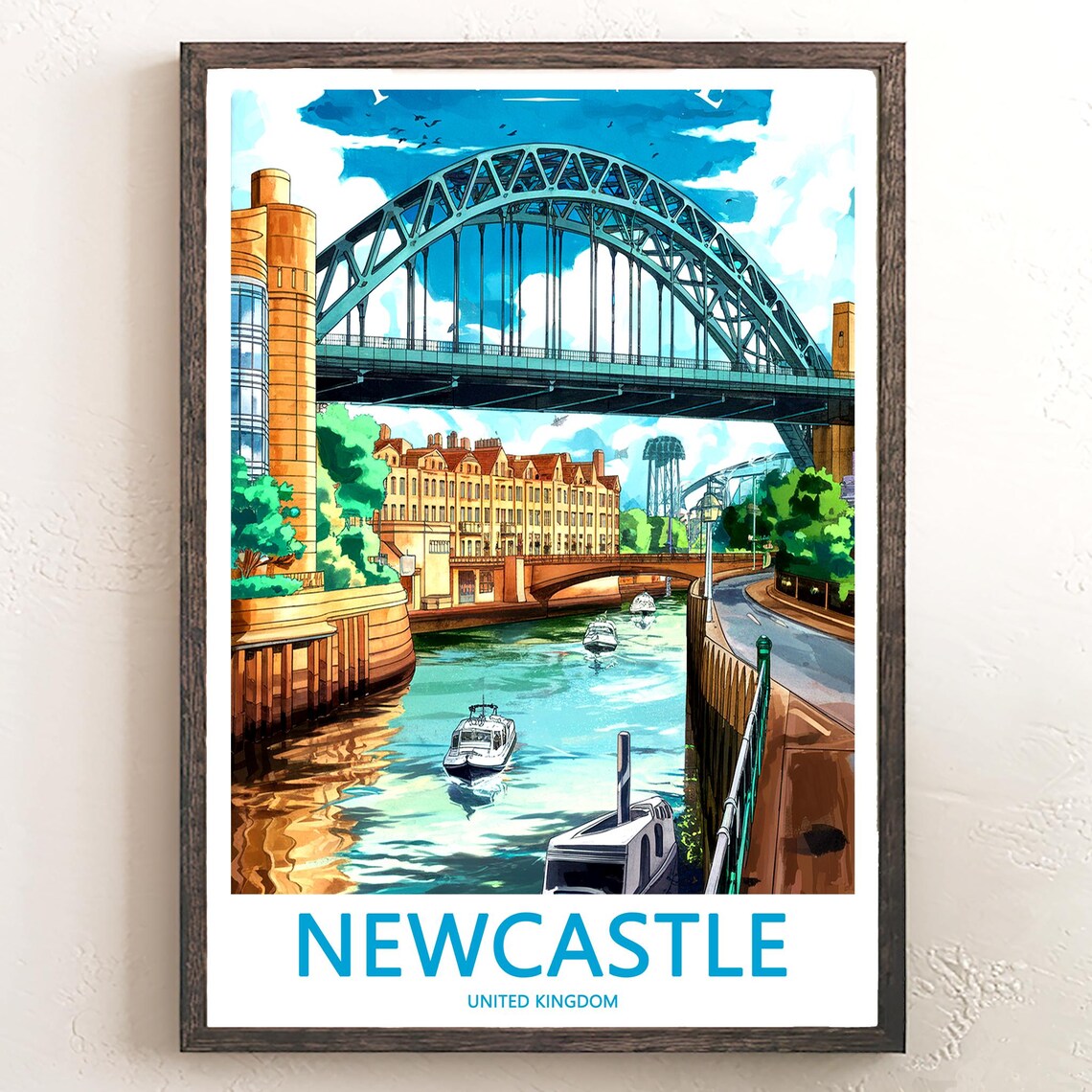 Newcastle Tyne Bridge Full Arch View Over River Boats Travel Poster