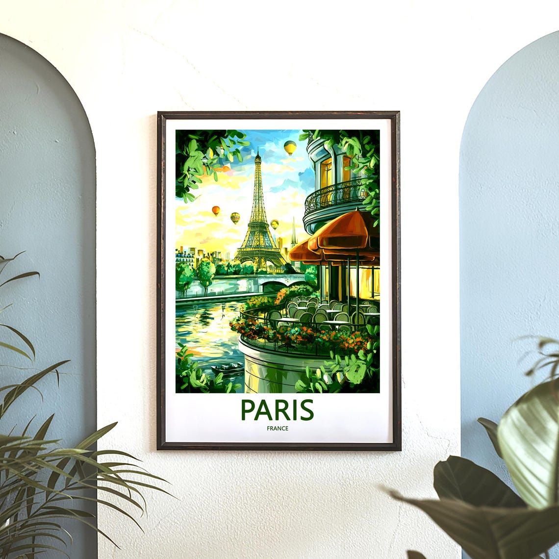 Eiffel Tower Riverside Cafe Orange Awnings Balloons Paris Poster - Image 3
