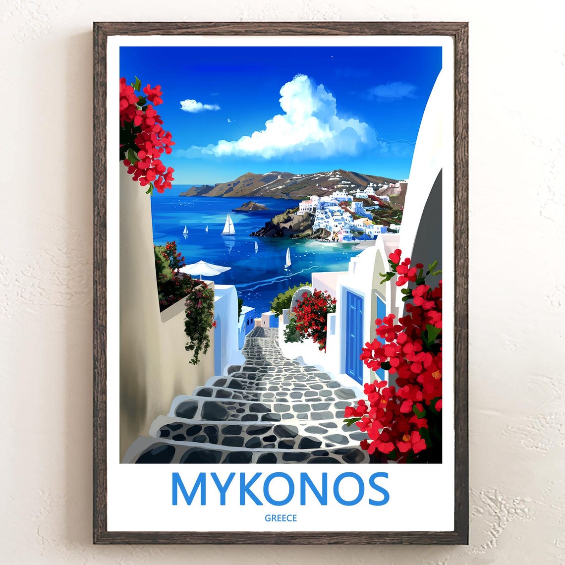 Mykonos Steps Down To The Harbor Red Flowers Greece Art Poster