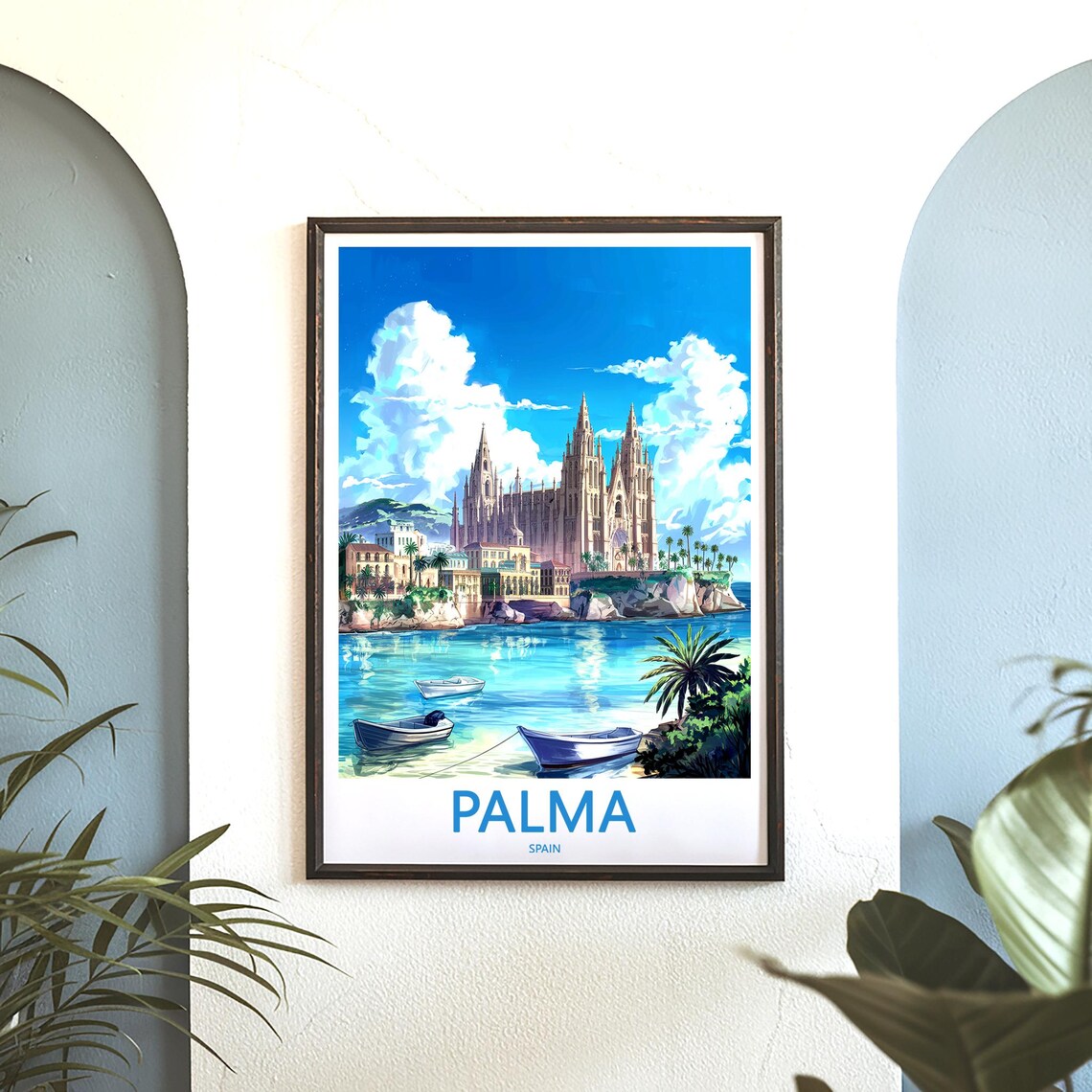 Palma Spain Cathedral From the Water With Small Boats Poster - Image 3