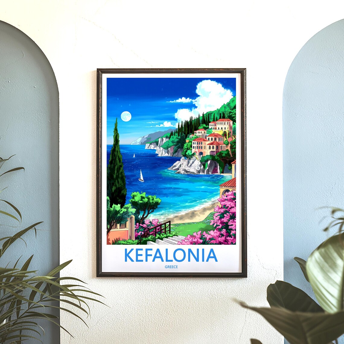 Kefalonia Greece Moonlit Cove Pink Flowers Garden Terrace Poster - Image 3